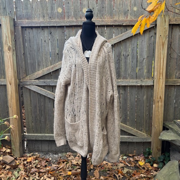 Free People Alpaca Blend Hooded Cardigan Sweater Open Front Oversized Beige boho - Picture 4 of 10
